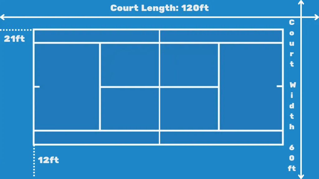 Diagram showing tennis net height at posts and center with overall net width