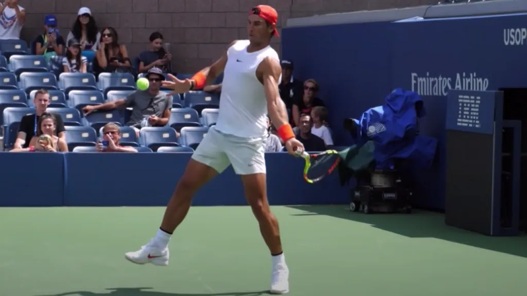 Rafael Nadal generating forehand power from his back leg, left foot planted and right foot airborne for balance