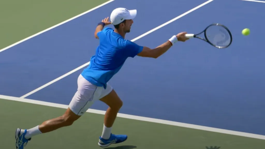 Novak hitting a return of serve with his forehand grip.