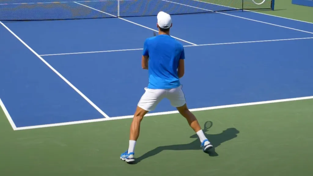 Novak is about to split step as the opponent hits his serve over the net. He's pushing off his outside foot as he sees the oncoming ball coming to his side of the court.