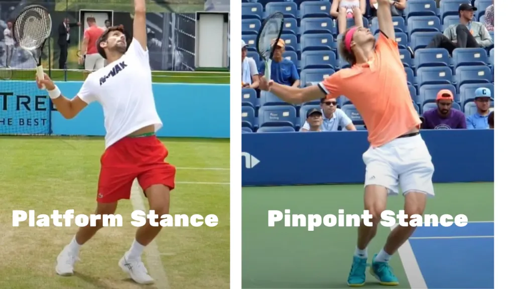 Comparison of the pinpoint and platform serving stances. Alexander Zverev demonstrates the fluid motion advanced players use during their service motion.