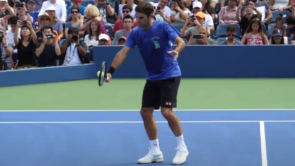 Roger Federer hitting a volley with a compact swing, demonstrating proper contact point technique.