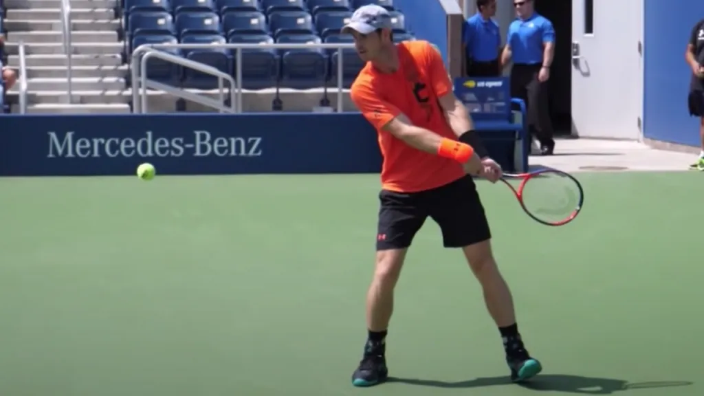 A player completing a two-handed backhand follow-through with full upper body rotation and balanced finish position